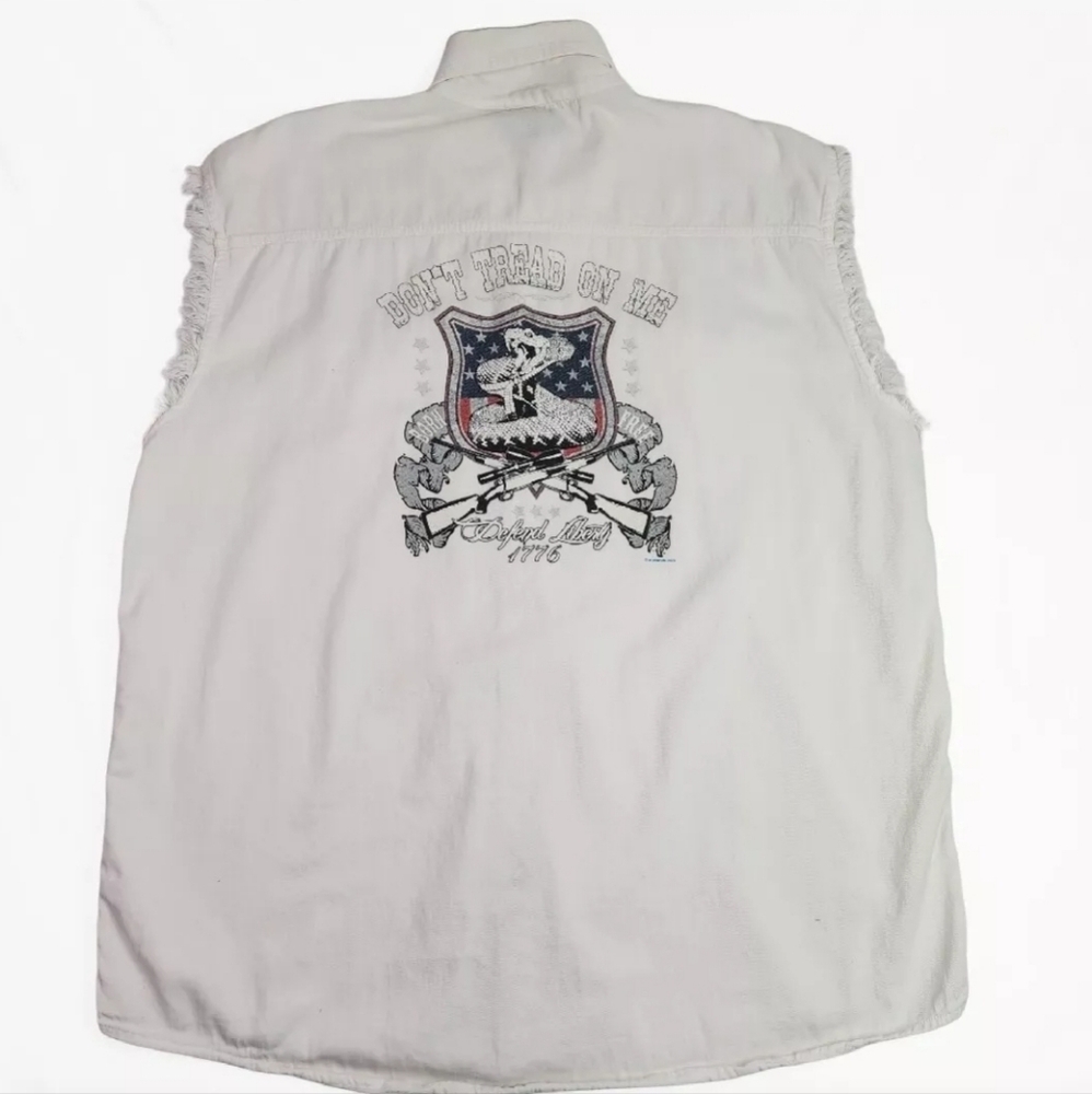 Biker Wear Mens USA Don't Tread On Me Defend Liberty 1776 White Cutoff Shirt 2XL